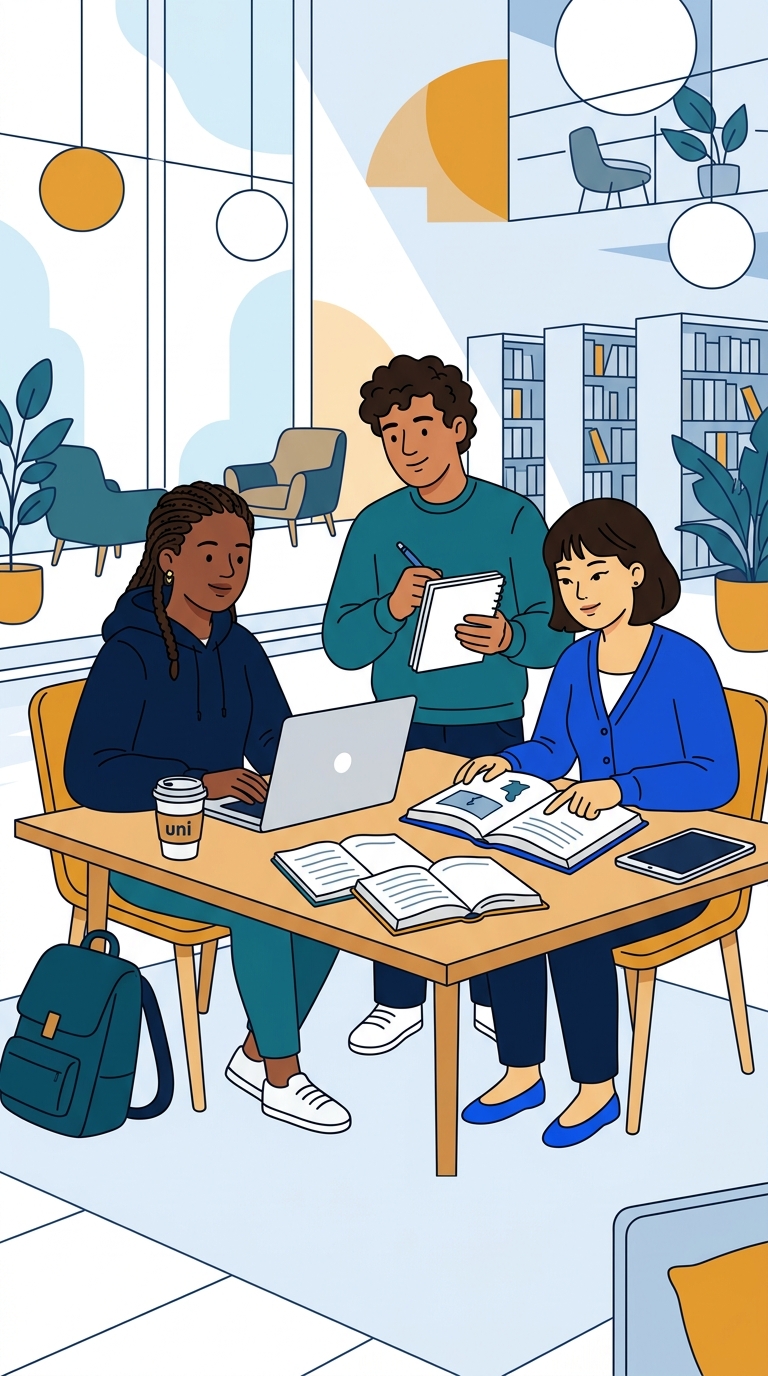 Cartoon illustration of students studying together